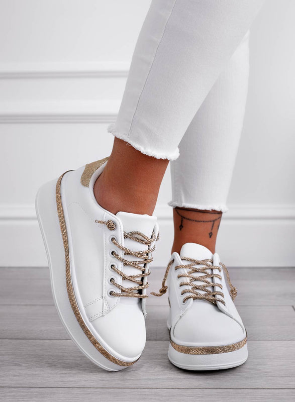 FRANKIE - White sneakers with gold jewel laces