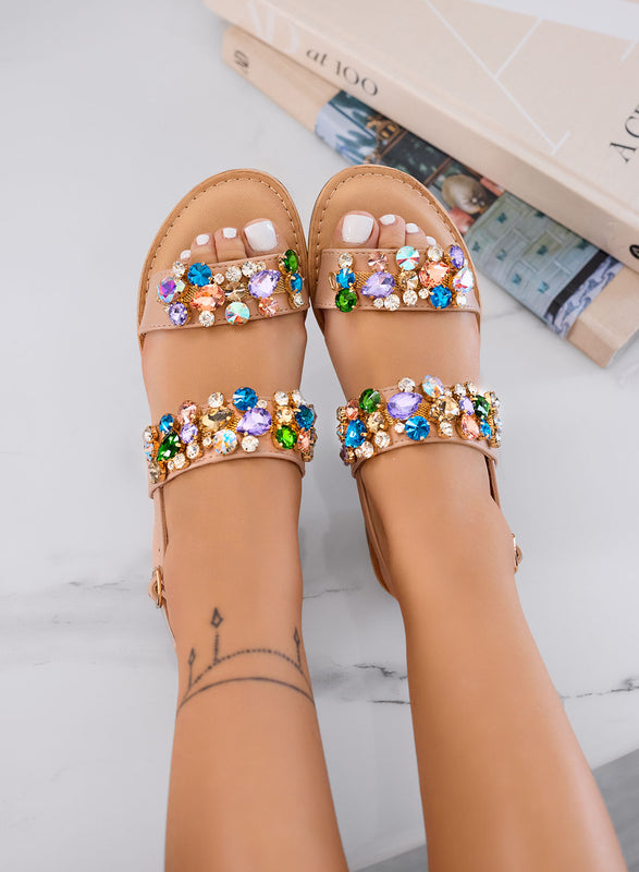 VITTORIA - Beige jeweled sandals with low heel and multicolor rhinestones