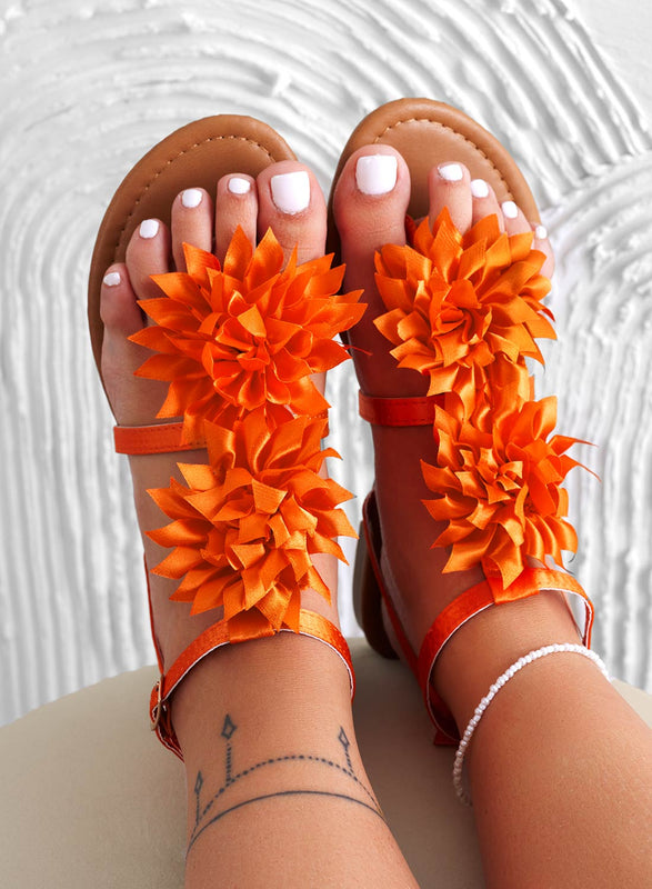 CONNIE - Orange satin thong sandals with applied flower