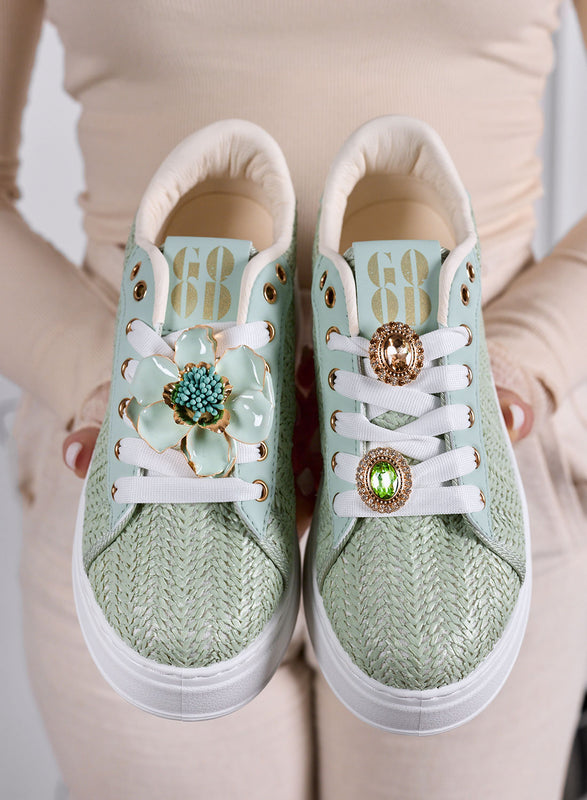 DOROTY - Mint Green Sneakers with Jewel Flower Appliqués and Platform Sole