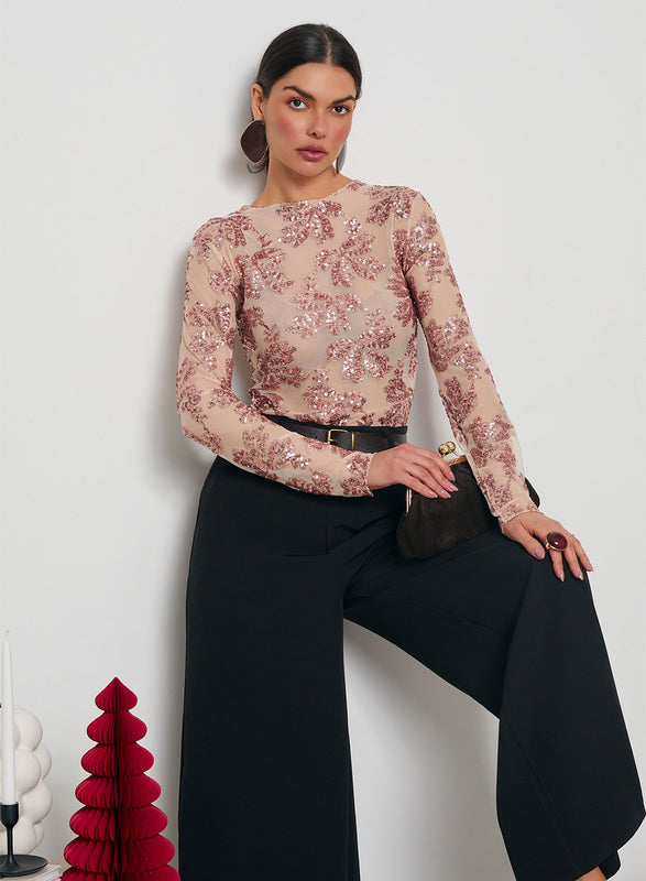 Nude transparent bodysuit with sequin details