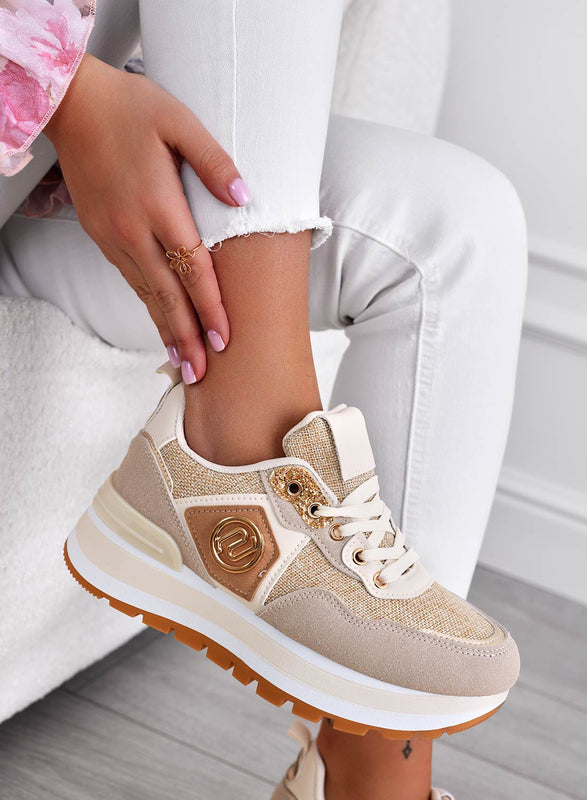 ERSILIA - Beige fabric sneakers with gold inserts