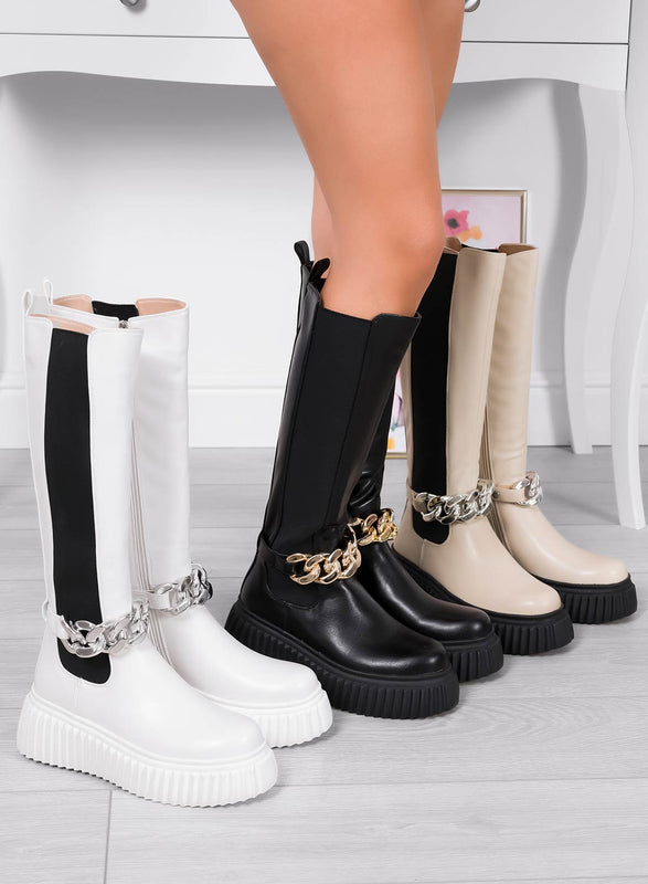 LARA - Alexoo beige boots with elastic and removable chain