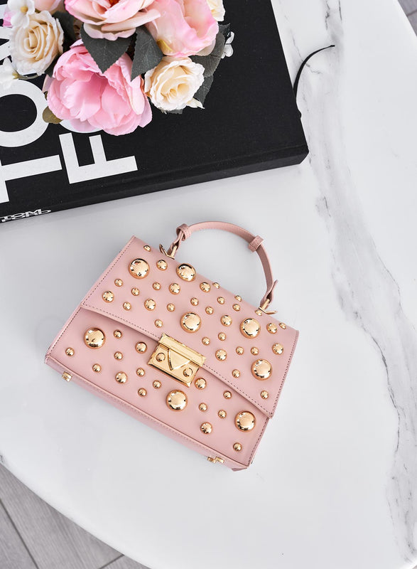 Pink bag with gold sphere studs and shoulder strap B231