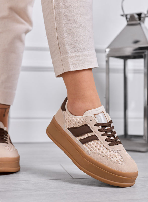 MARISOL - Baskets beiges avec empiècements marron et semelle en caoutchouc
