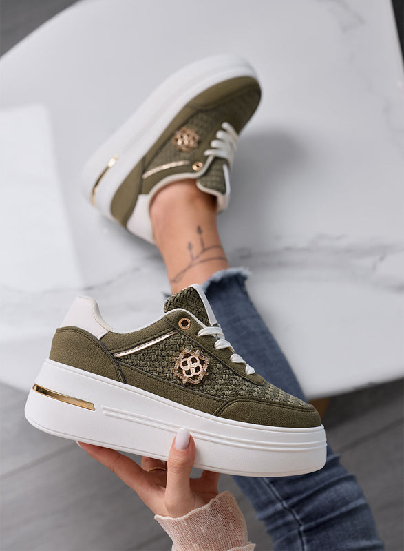 CLARA - Green Platform Sneakers with Woven Inserts and Gold Details