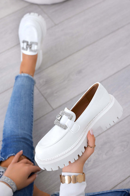 ASHER - White loafers with jeweled buckle