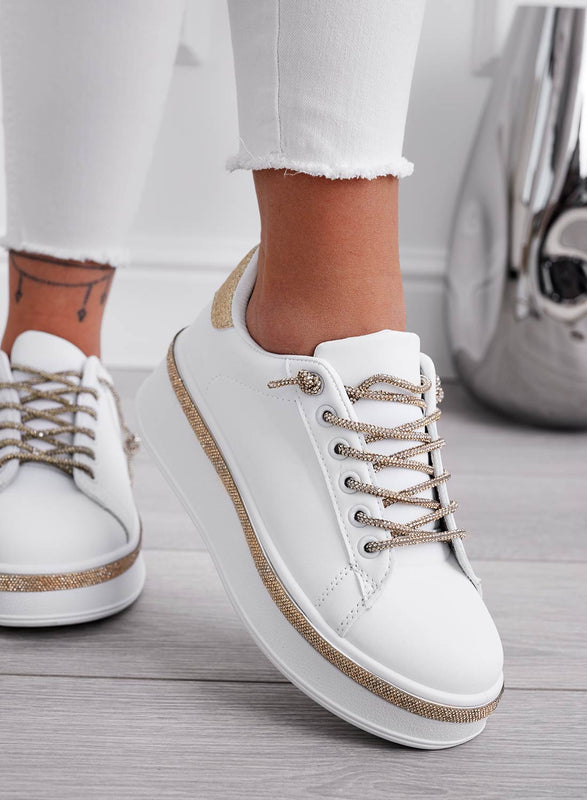 FRANKIE - Zapatillas blancas con cordones joya dorados