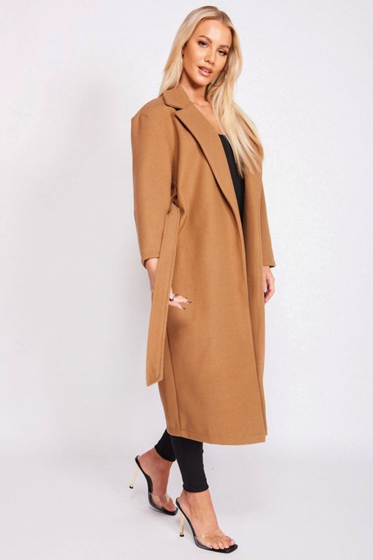 Long camel coat with waist drawstring