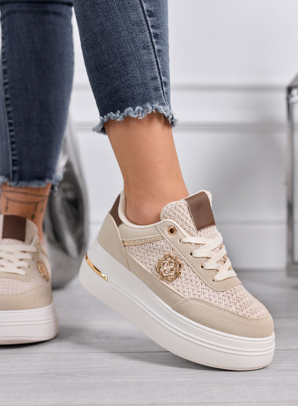 CLARA - Beige Platform Sneakers with Woven Inserts and Gold Details
