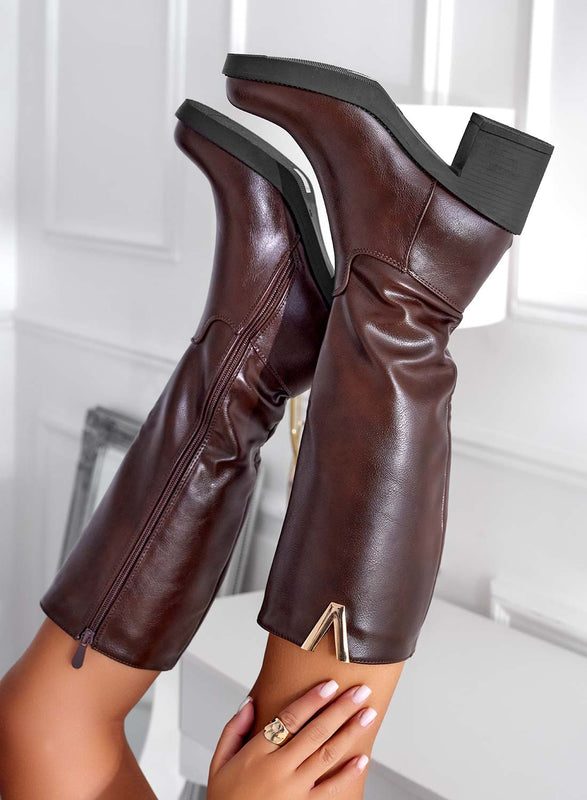 ALICE - Brown imitation leather boots with comfortable wide heels