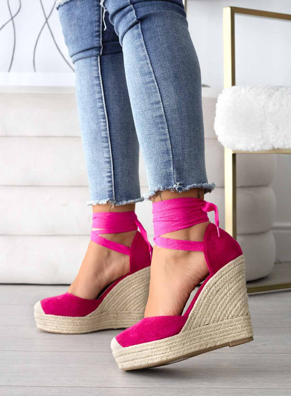 AMBRA - Fuchsia espadrilles with rope wedge and lace