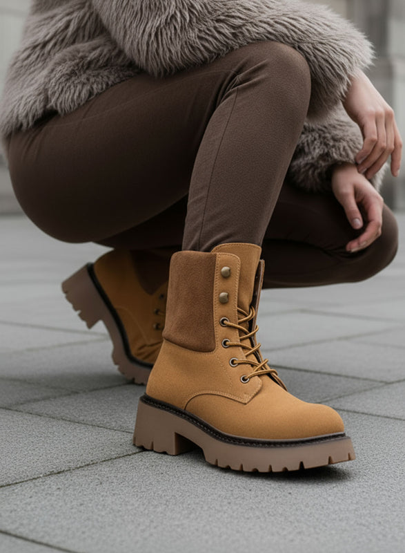 SIMONA - Bottines couleur cuir, bottines à lacets avec revers en daim