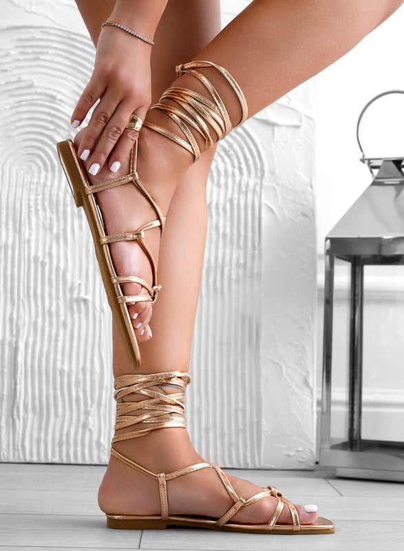 STACY - Alexoo champagne flat lace-up sandals