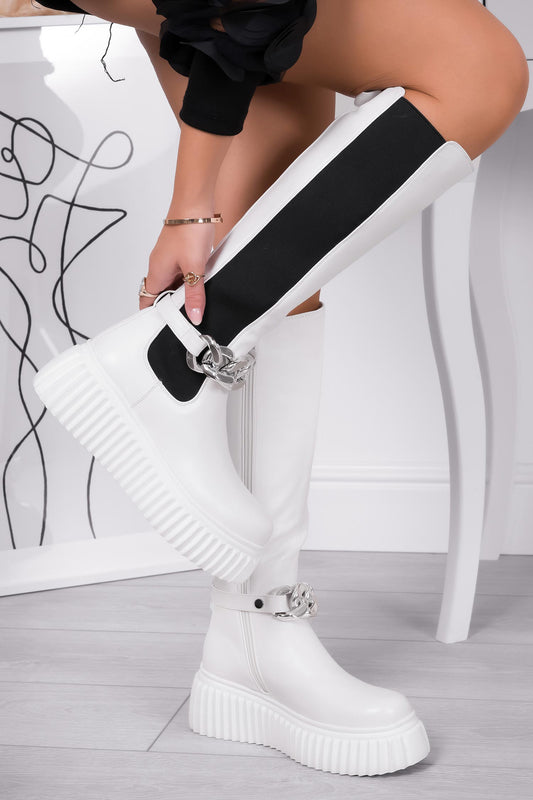 LARA - Alexoo white boots with side elastic and removable chain