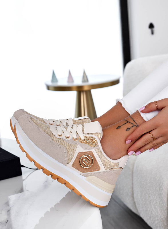 ERSILIA - Beige fabric sneakers with gold inserts