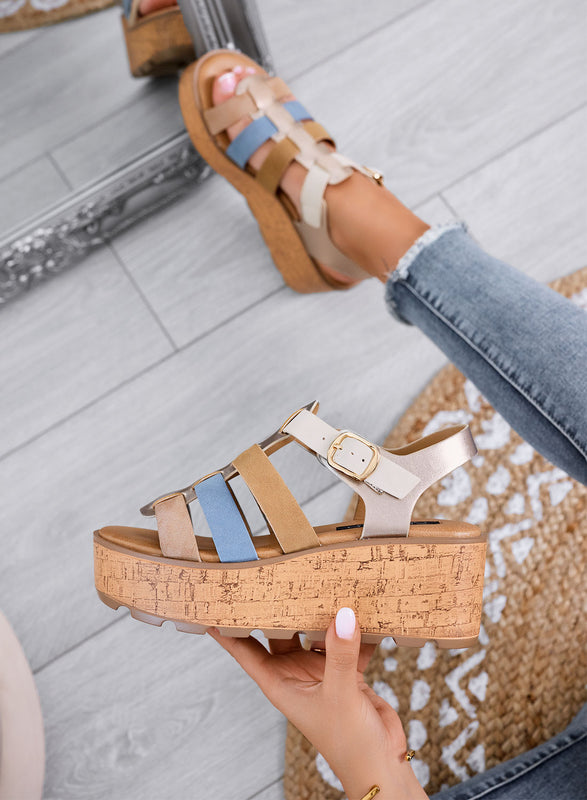 MATILDE - Multicolor sandals with cork-effect platform wedge