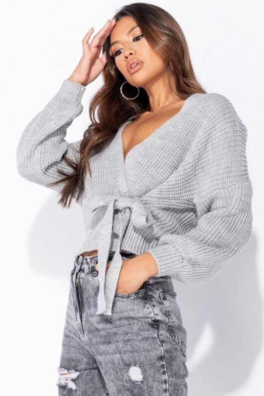 Grey wrap jumper with string