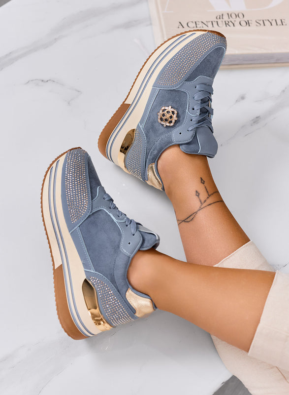 XIOMARA - Blue platform sneakers with gold inserts and rhinestones