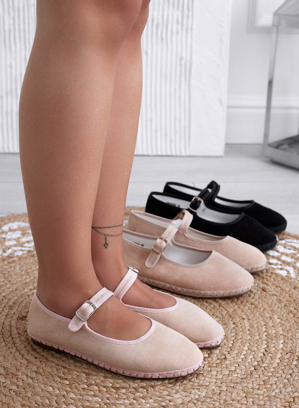 JENNIFER - Beige suede Friulian ballet flats with buckle