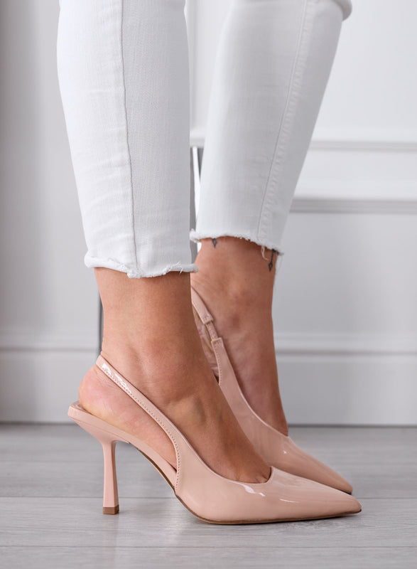 NAOMI - Nude Patent Pointed Toe Slingback Pumps with Heel