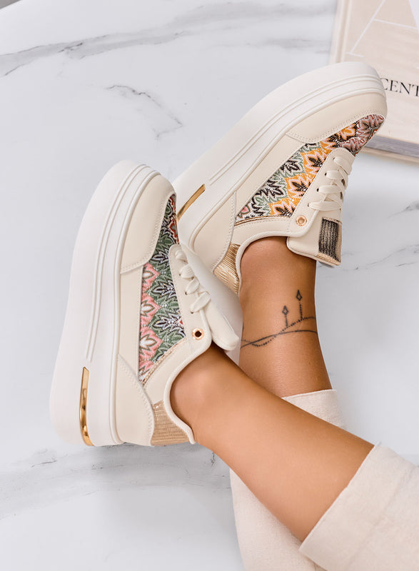 PRAGA - Beige platform sneakers with patterned fabric inserts