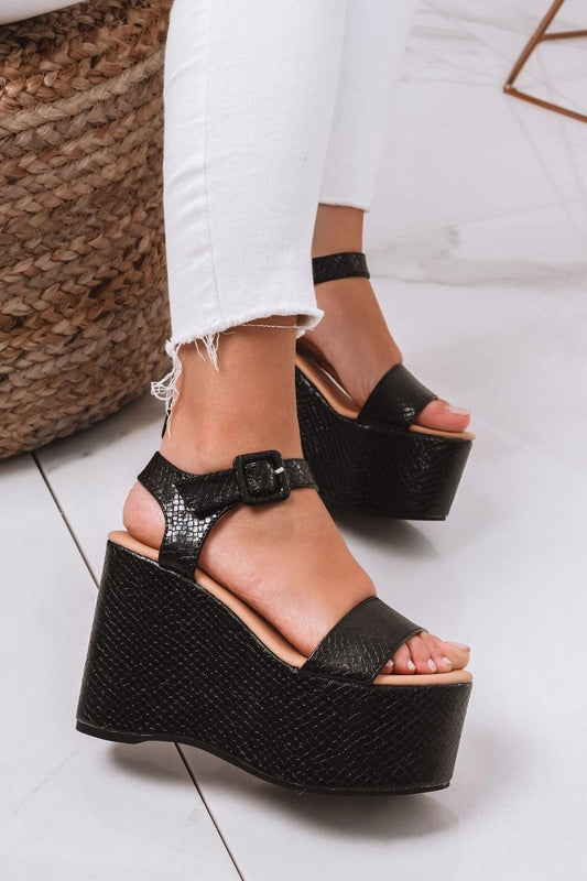 EDERA - Black python sandals with platform wedge