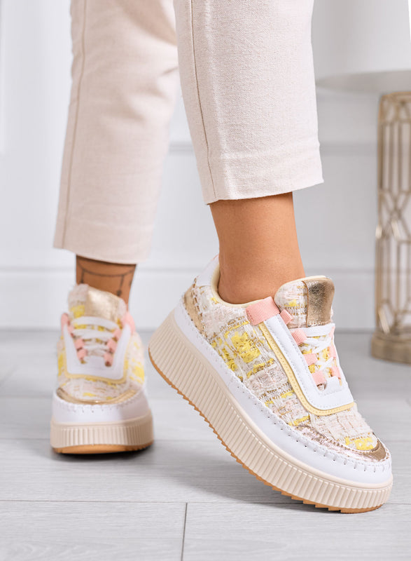 DAFNE - Beige platform sneakers in yellow tweed with gold details