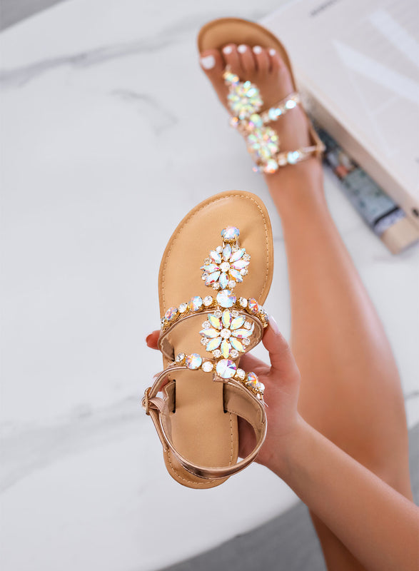 GIULY - Low rose gold sandals with iridescent jewel stones