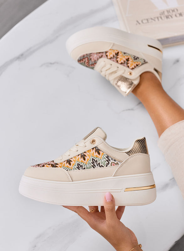 PRAGA - Beige platform sneakers with patterned fabric inserts