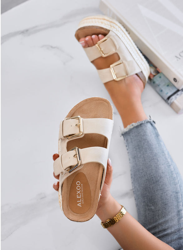 DANIEL – Beige platform slide sandals with double buckle and rope sole