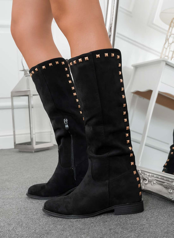 JANINE - Alexoo black suede boots with internal wedge and studs