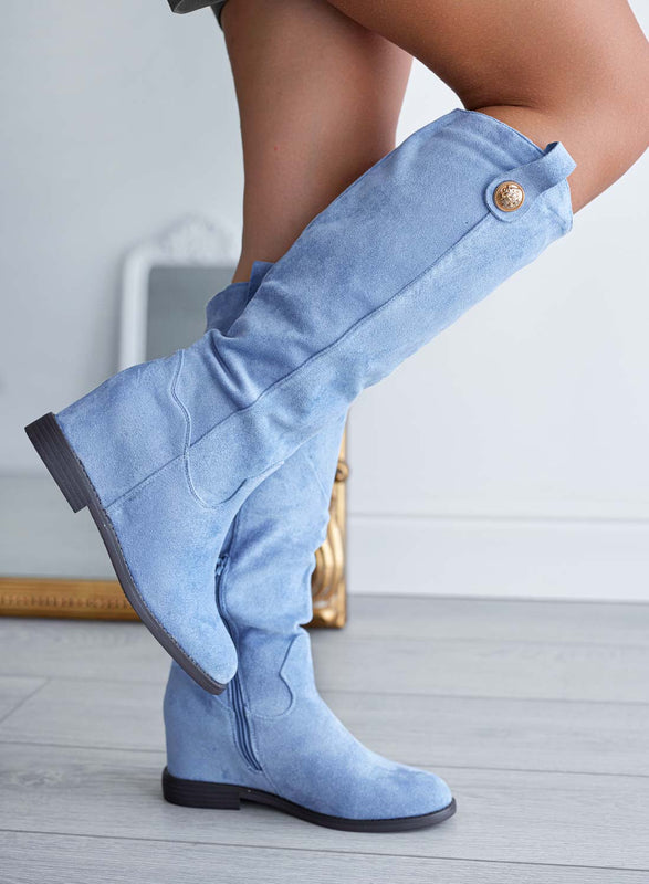 ROYAL - Bottes Alexoo bleues avec semelle compensée intérieure et bouton doré