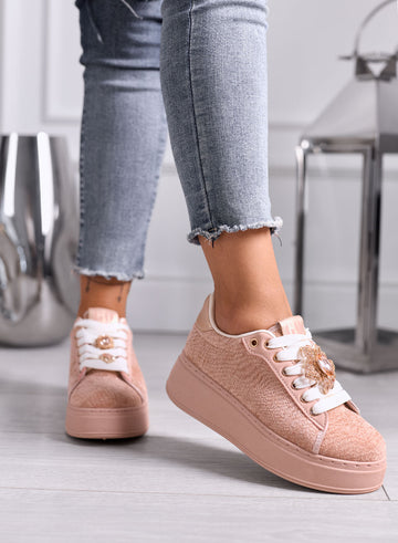 NINFA - Sneakers rosa platform in tessuto laminato e applicazione gioiello