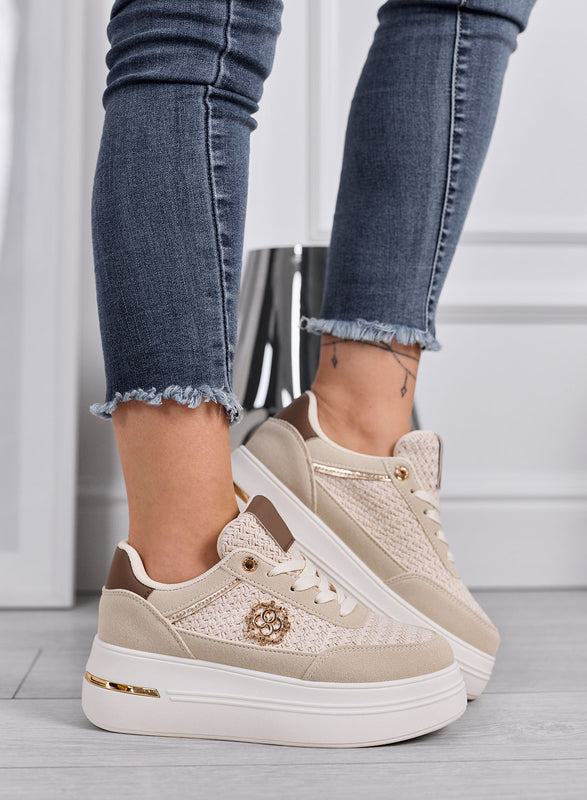 CLARA - Beige Platform Sneakers with Woven Inserts and Gold Details
