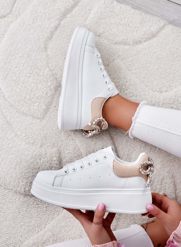 MILE - White sneakers with thick sole, rhinestone bow, and beige back