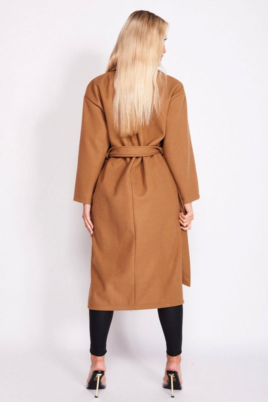 Long camel coat with waist drawstring