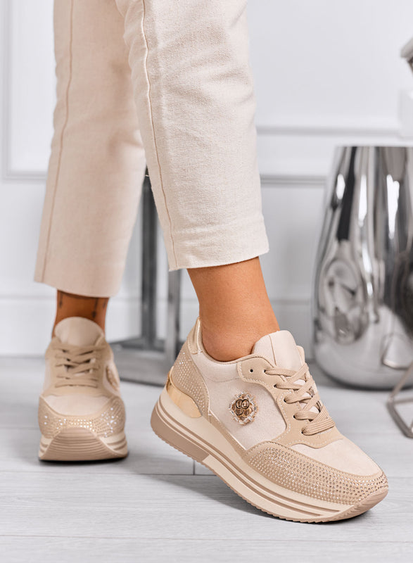 XIOMARA - Beige platform sneakers with gold inserts and rhinestones