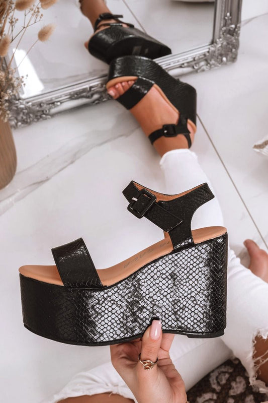 EDERA - Black python sandals with platform wedge