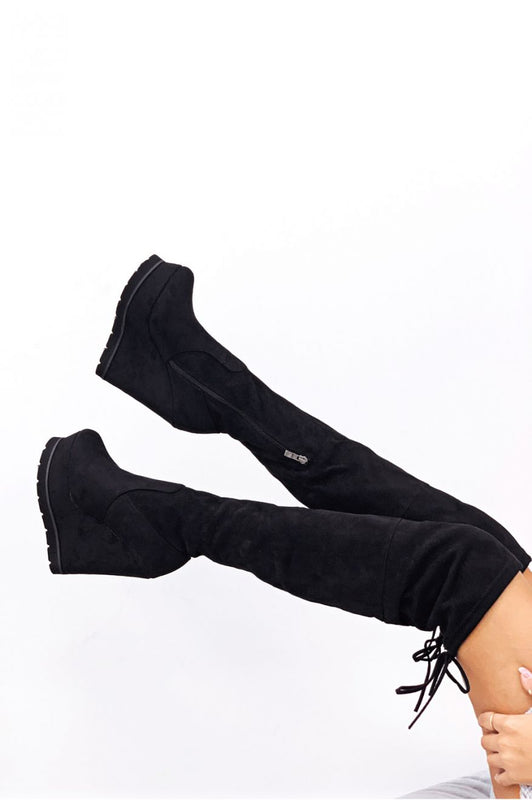 GEMMA - Black suede over the knee boots with wedge