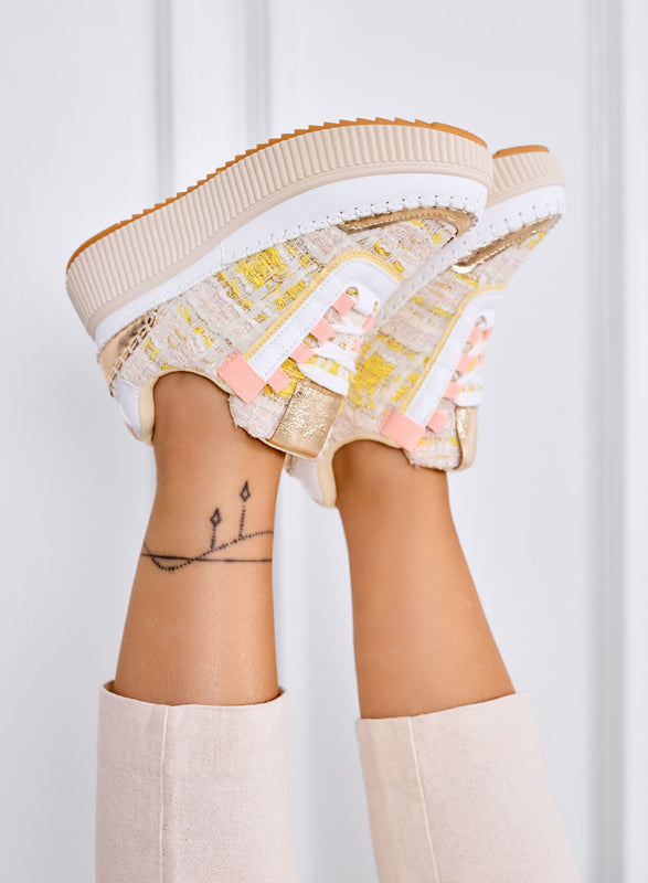 DAFNE - Beige platform sneakers in yellow tweed with gold details