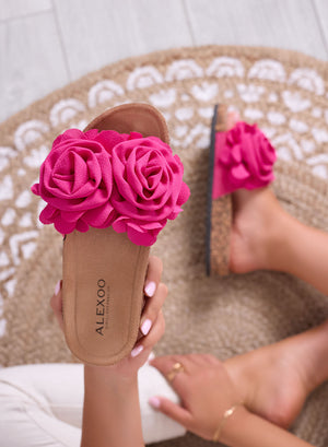 SUMMER - Fuchsia slide sandals with applied flowers