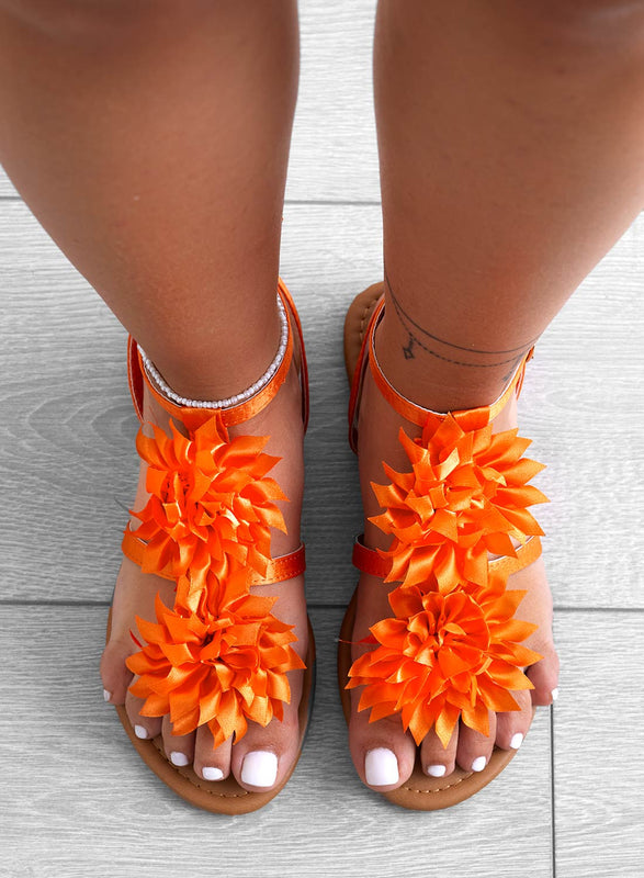 CONNIE - Orange satin thong sandals with applied flower