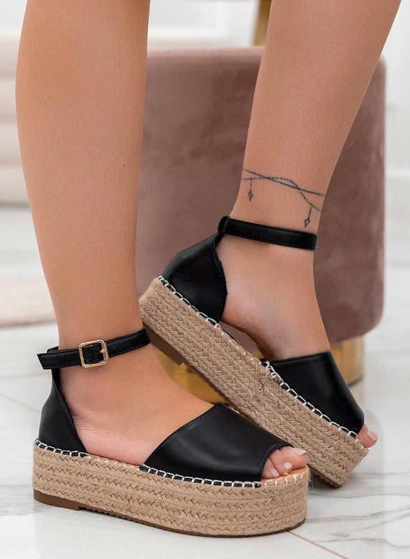 LICIA - Espadrilles noires en similicuir avec semelle compensée et bride