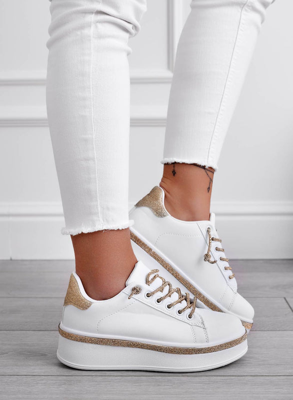 FRANKIE - White sneakers with gold jewel laces