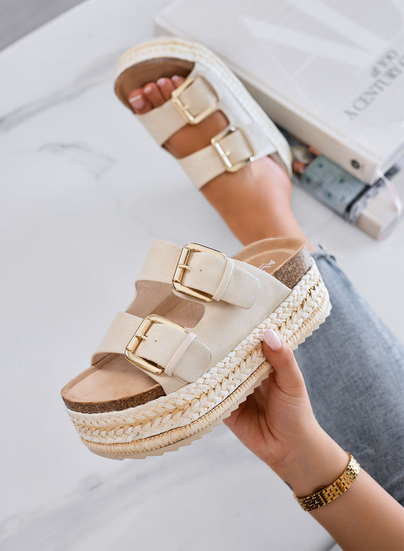 DANIEL – Beige platform slide sandals with double buckle and rope sole
