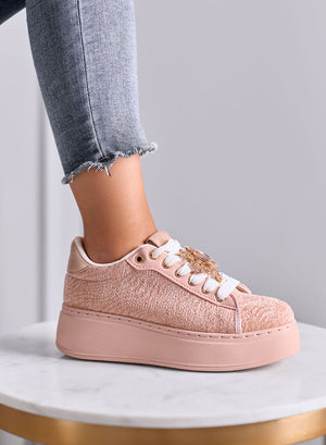 NINFA - Pink platform sneakers in laminated fabric with jewel embellishment
