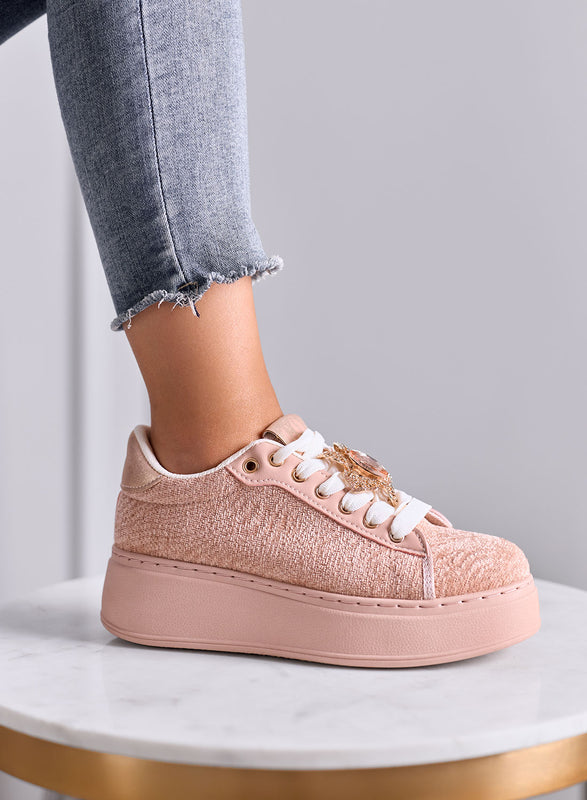 NINFA - Pink platform sneakers in laminated fabric with jewel embellishment