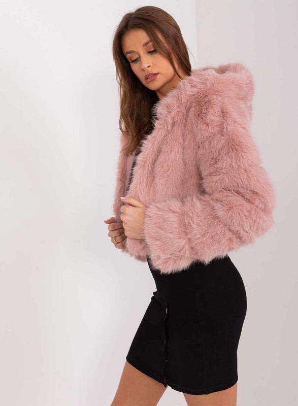 Short faux fur jacket with long pink hair hood