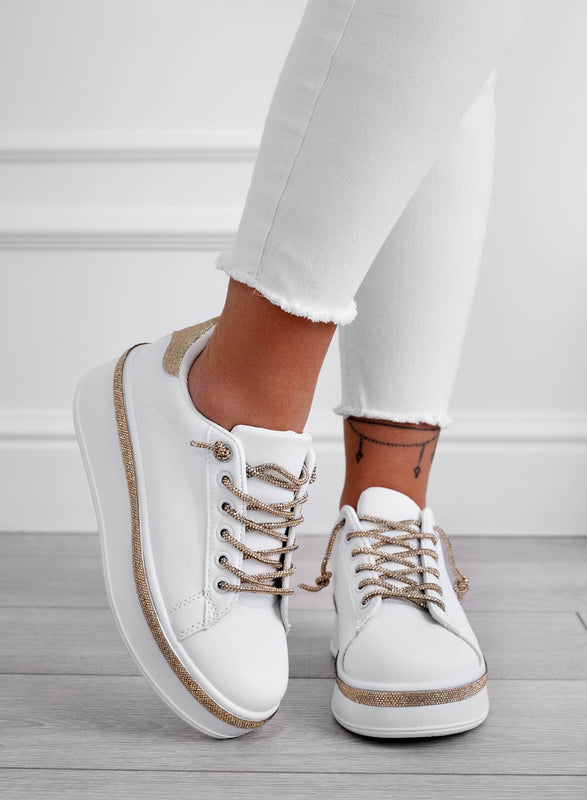 FRANKIE - White sneakers with gold jewel laces